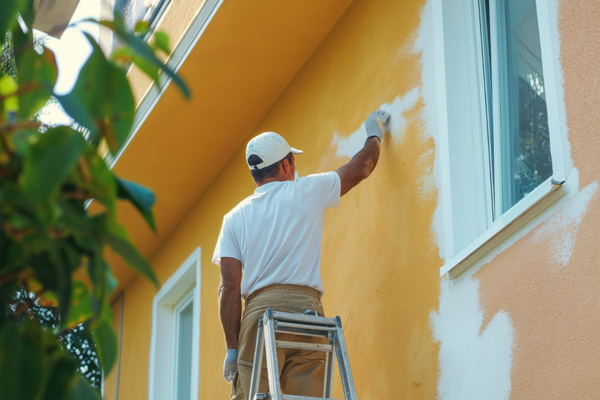 Peintre extérieur appliquant une peinture de finition